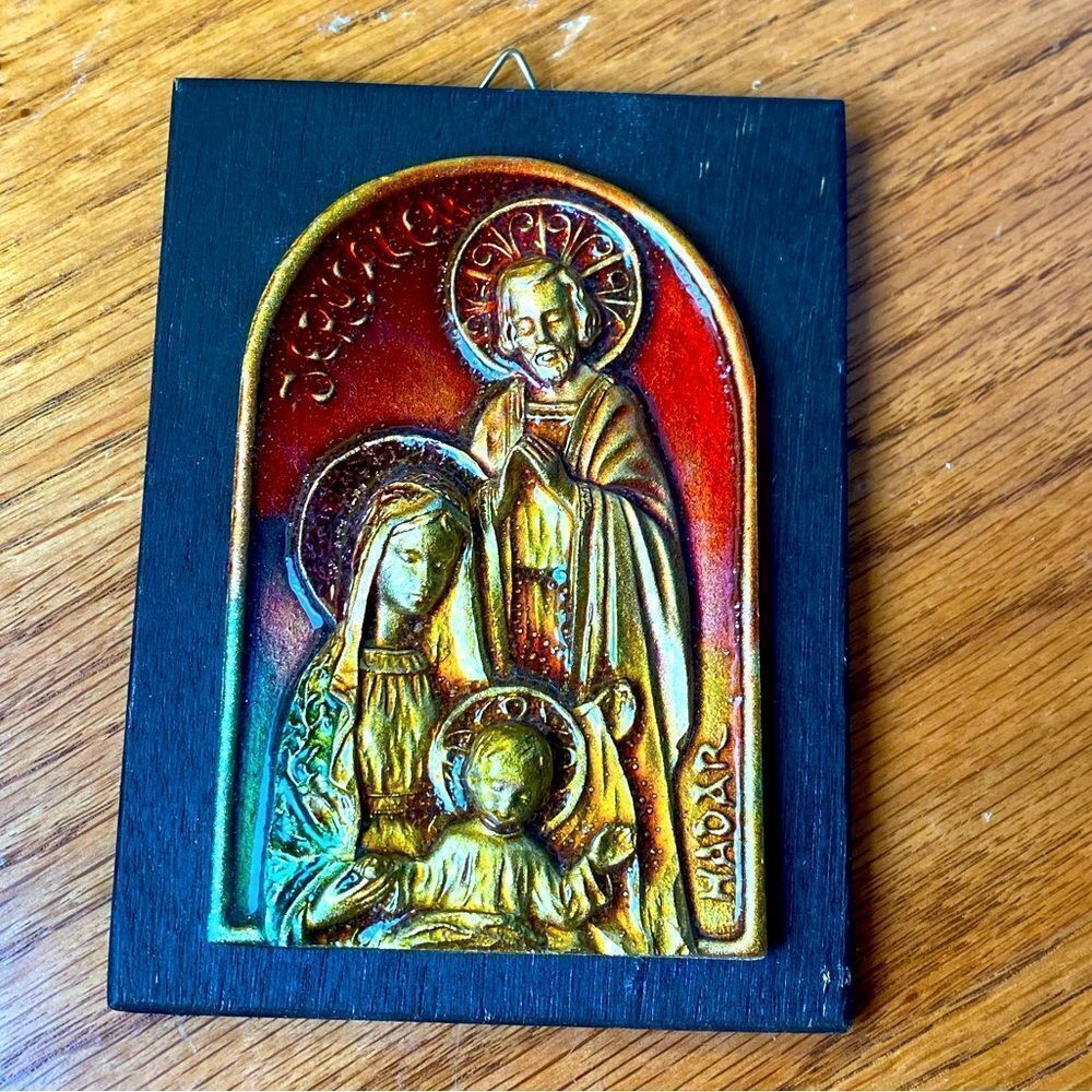 Holy family plaque on wood Vintage